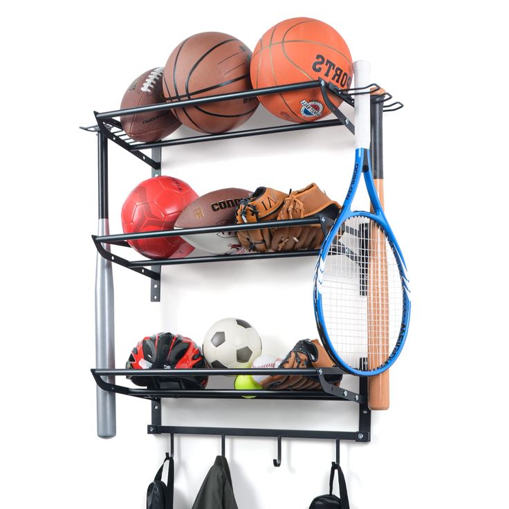 there is a rack with sports equipment on it