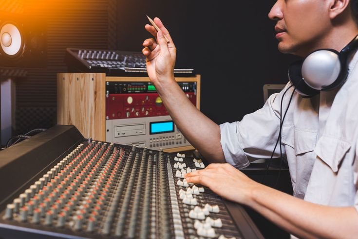 a man sitting in front of a mixing desk with headphones on his ears and looking at the sound board