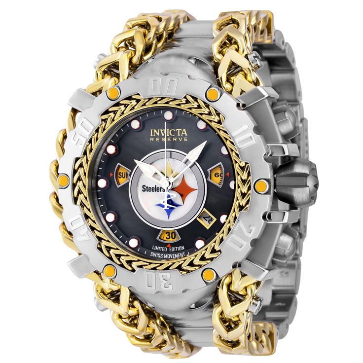 This eye-catching Invicta watch from the NFL collection is powered by an accurate Quartz movement, gold, steel case. Its face is decorated by a black, white, yellow, red, blue, metal, oyster, mother of pearl dial, and protected by a sturdy Flame Fusion Crystal. A gold, steel, stainless steel band completes this timepiece that can resist water for up to 200 m. From the initial league founding in 1920 to the first Super Bowl in 1967, American football has been captivating fans for decades. Taking Glowing Background, Cowboys Men, Best Watches For Men, Invicta Watches, Men's Watches, National Football League, Stainless Steel Band, Watch Movement, Pittsburgh Steelers