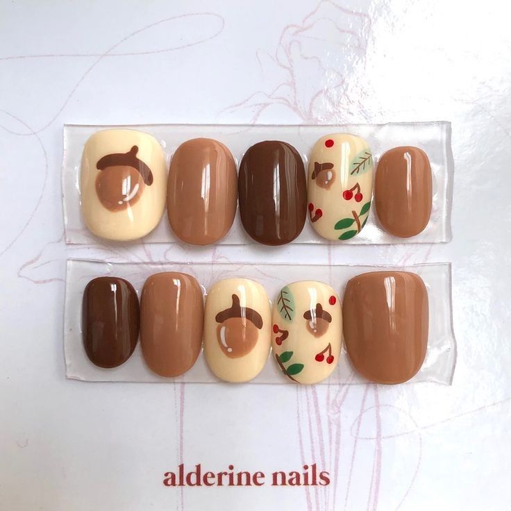 Cute Korean Fall Nails, Korean Nails Designs Fall, Kawaii Autumn Nails, Acorn Nails Designs, Korean Fall Nail Art, Korean Nails Fall, Mushroom Fall Nails, Fall Nails Korean, Acorn Nail Art