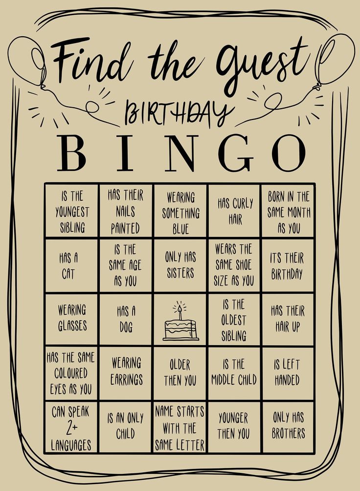 a black and white poster with the words find the guest birthday bingo