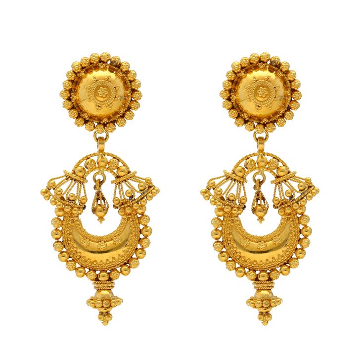 Virani Jewelers presents a golden display of cultural excellence with these 22K gold beaded Chandbali earrings.The interplay of delicate beading enhances the mesmerizing waterfall effect of these Chandbali earrings, capturing the essence of refined elegance. Adorn your ears with this pair of fine gold Chandbali earrings—a masterpiece that harmonizes modern style with the rich tradition of 22K gold Indian jewelryFeatures.• 22k yellow gold• Beaded detailsSpecifications:• Minimum Width - 1 millimet Festive Yellow Gold Chandbali Earrings, Yellow Gold Chandbalis With Matching Earrings For Festivals, 22k Gold Earrings For Navratri Celebration, Yellow Gold Chandbali Earrings For Navratri, Festival Fusion 22k Gold Earrings, 22k Gold Traditional Chandelier Earrings For Festivals, Traditional 22k Gold Chandelier Earrings For Festivals, Traditional Gold Danglers For Navratri, Temple Jewelry Chandbali Bridal Earrings In Yellow Gold