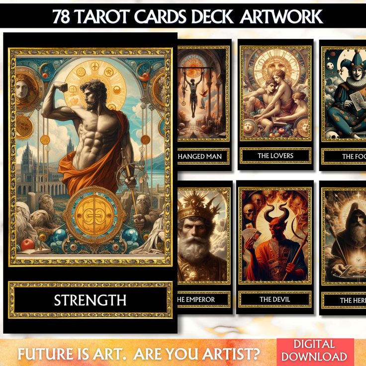 the tarot cards deck artwork work is shown in four different styles and colors, including one