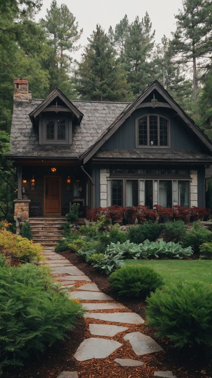 a house in the woods with lots of trees and plants on it's front lawn