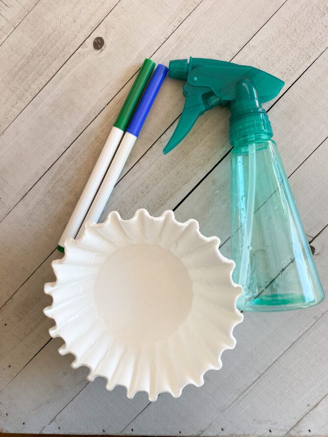 two spray bottles and a paper plate on a wooden floor