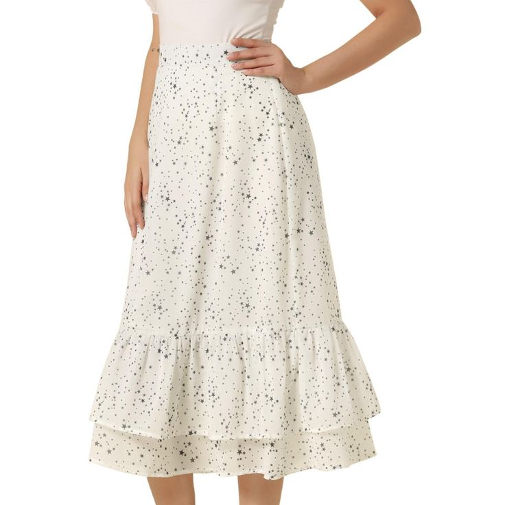 Featuring pretty ditsy floral prints, this midi skirt is a summer option that can be worn with just about anything. Channel elegant style in this midi skirt which is beautifully printed with a blossom pattern for a versatile look. It is made of lightweight fabric, adding definition to the free-flowing design. Falling to a waterfall midi hem, it sits high on the waist with a discreet side zip fastening. Summer days call for effortlessly feminine styles like skirts. Summer Tiered Maxi Skirt For Brunch, Flowy Summer Midi-length Bottoms, Summer Brunch Maxi Tiered Skirt, Flared Maxi Skirt For Summer Brunch, Summer Brunch Tiered Maxi Skirt, Summer Feminine Midi Skirt, Feminine Summer Midi Skirt, Feminine Midi Skirt For Summer, Non-stretch Summer Midi Skirt