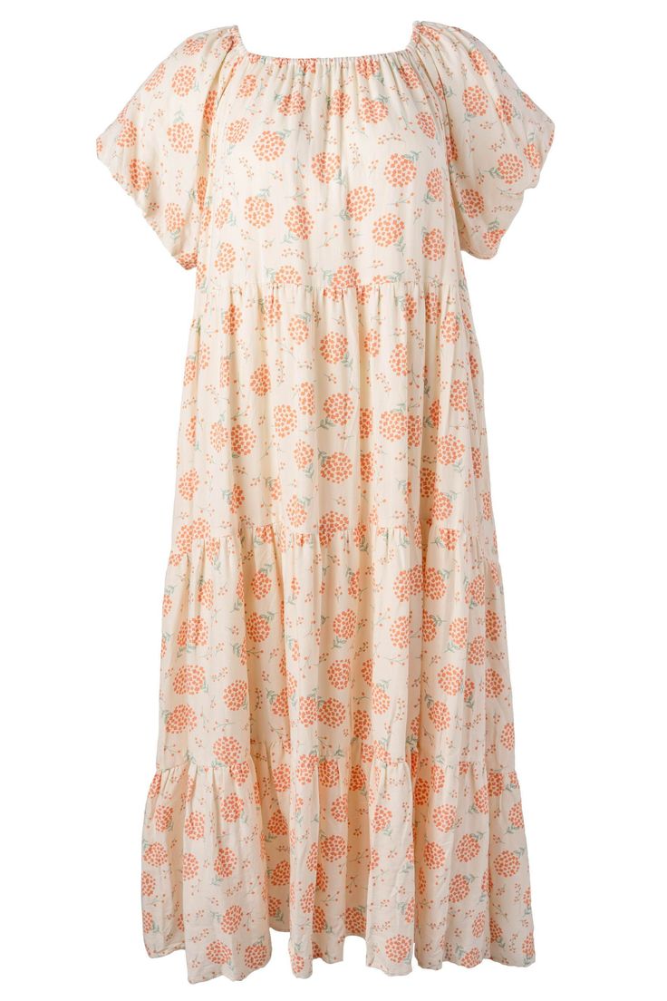 Ivory with orange and green floral print. Scoop stretch neckline. Short puff sleeve with elastic band. Maxi tiered skirt. Pull-over. Fabric is non-stretch. Non-stretch over-sized style. Fabric Shell: 100% Cotton, Lining: 100% Cotton. Cold wash; lay flat. Cold iron. Available in sizes XXS, XS, S, M, L, XL, 1X, 2X, 3X, 4X, + 5X!! floral dress, flowy dress, tiered dress, plus size fashion, summer style, summer outfit, puff sleeve dress, matching mom and kid outfit Floral Print Short Sleeve Tiered Dress For Vacation, Short Sleeve Floral Print Tiered Dress For Vacation, Floral Print Tiered Dress With Short Sleeves For Vacation, Short Sleeve Tiered Dress With Floral Print For Vacation, Orange Short Sleeve Maxi Dress For Garden Party, Bohemian Short Sleeve Tiered Dress For Vacation, Orange Maxi Dress With Ruffles And Short Sleeves, Short Sleeve Tiered Dress For Garden Party, White Short Sleeve Tiered Dress For Vacation