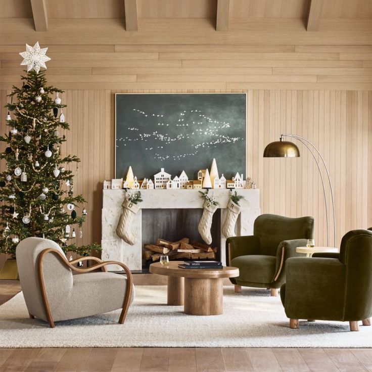 a living room filled with furniture and a christmas tree in front of a fire place