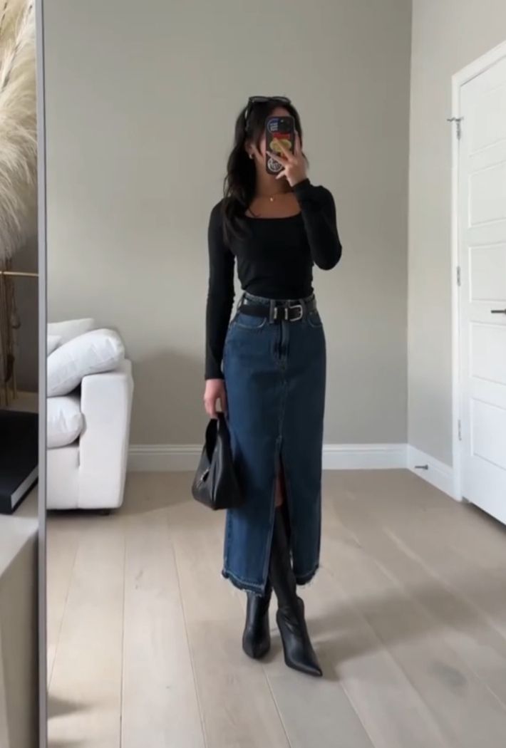 Denim Skirt Outfit Fall, Black Maxi Skirt Outfit, Black Denim Skirt Outfit, Fits Fall, Skirt Outfit Fall, Skirt Outfits Fall, Looks Country, Denim Skirt Outfits, Maxi Skirt Outfits