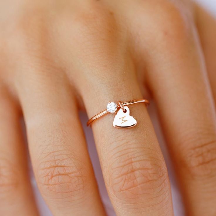 Personalized Dainty Initial Ring In Rose Gold, Dainty Rose Gold Sterling Silver Initial Ring, Personalized Dainty Rose Gold Initial Ring, Dainty Personalized Rose Gold Initial Ring, Personalized Rose Gold Promise Heart Ring, Personalized Rose Gold Heart Promise Ring, Dainty Rose Gold Heart Ring With Charm, Rose Gold Initials Promise Ring, Rose Gold Promise Ring With Initials