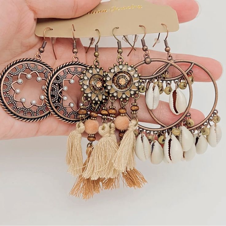 These Beautiful Earrings Is A Great Set To Add To Your Variety Jewelry’s Collection. This Earrings Go Great With Any Western, Bohemian, Or A Simple Casual/Vacation Style. Bohemian Brown Tassel Earrings, Brown Bohemian Tassel Earrings, Bohemian Brown Tassel Earrings For Summer, Brown Bohemian Tassel Earrings For Summer, Vintage Summer Hoop Earrings, Bohemian Hoop Earrings For Beach, Summer Bohemian Brown Earrings, Bohemian Beige Dangle Jewelry, Vintage Dangle Earrings For Beach