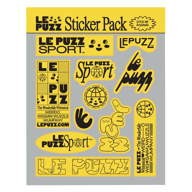 the sticker pack is shown in yellow and grey with black letters, numbers, and symbols