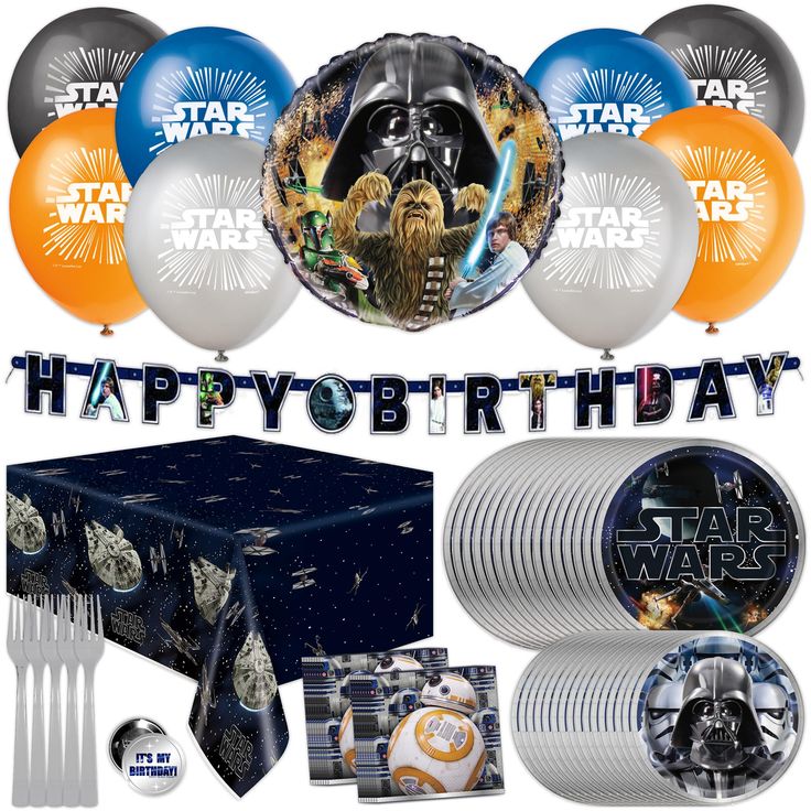 star wars birthday party supplies including balloons, plates and napkins