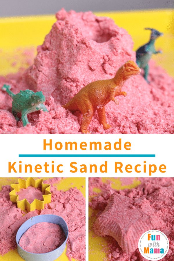 homemade pink sand recipe for kids to make with dinosaur toys and playdoun in the background