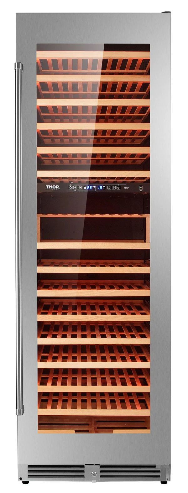 a stainless steel wine cooler with wooden shelves