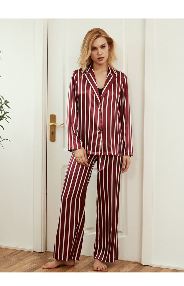 3 Piece Pj Set Womens Stripe Long Sleeve Sleepwear — Original Pajamas Red Sleepwear For Fall, Red Fall Sleepwear, Lounging Outfit, Body Condition, Stripe Long Sleeve, Fashion Enthusiast, Night Sleep, Pajama Set Women, Set Women