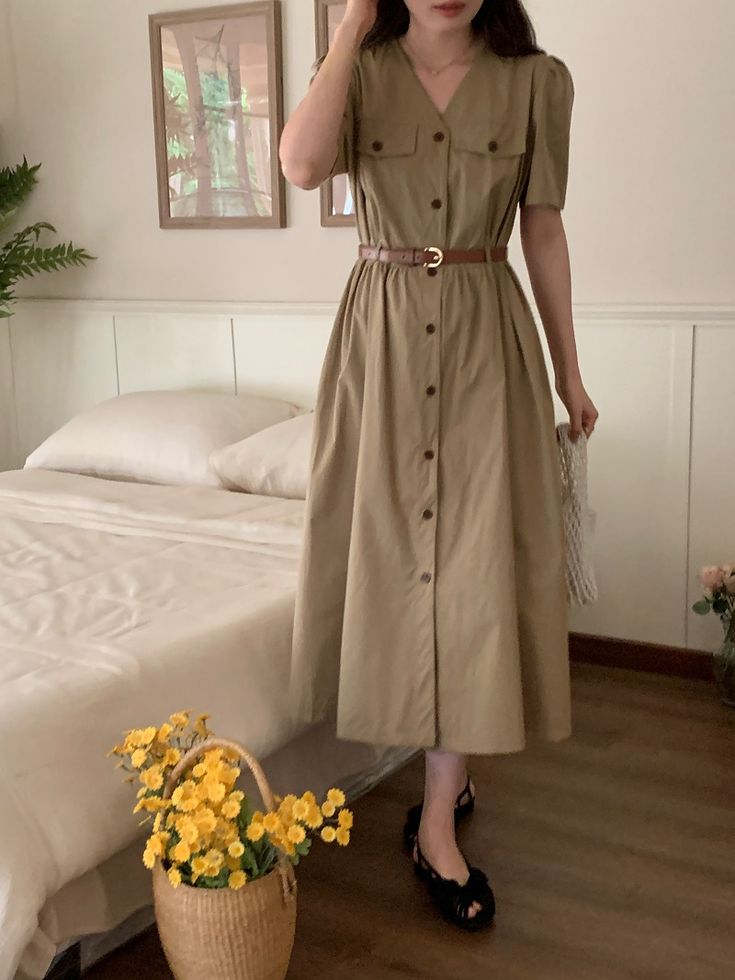 Korean Elegant Lady Dress Simple Casual V-neck Dresses Women Single-br – wanahavit Elegant Khaki Midi Length Dress, Elegant Khaki Midi Dress, Elegant A-line Shirt Dress With Pockets, Beige A-line Dress With Button Closure, Elegant Beige Single-breasted Dress, Elegant Solid Color Short Sleeve Shirt Dress, Elegant Short Sleeve Solid Color Shirt Dress, Elegant Short Sleeve Shirt Dress In Solid Color, Elegant Beige Button-up Midi Dress