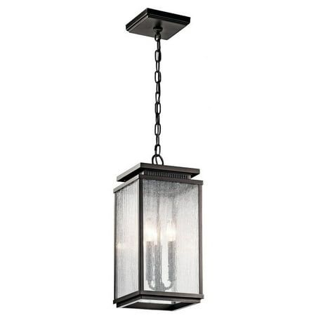 an outdoor hanging light fixture with three lights on the front and back sides, in black