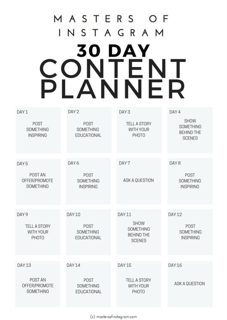 the 30 day content planner for instagrams is shown in black on a white background