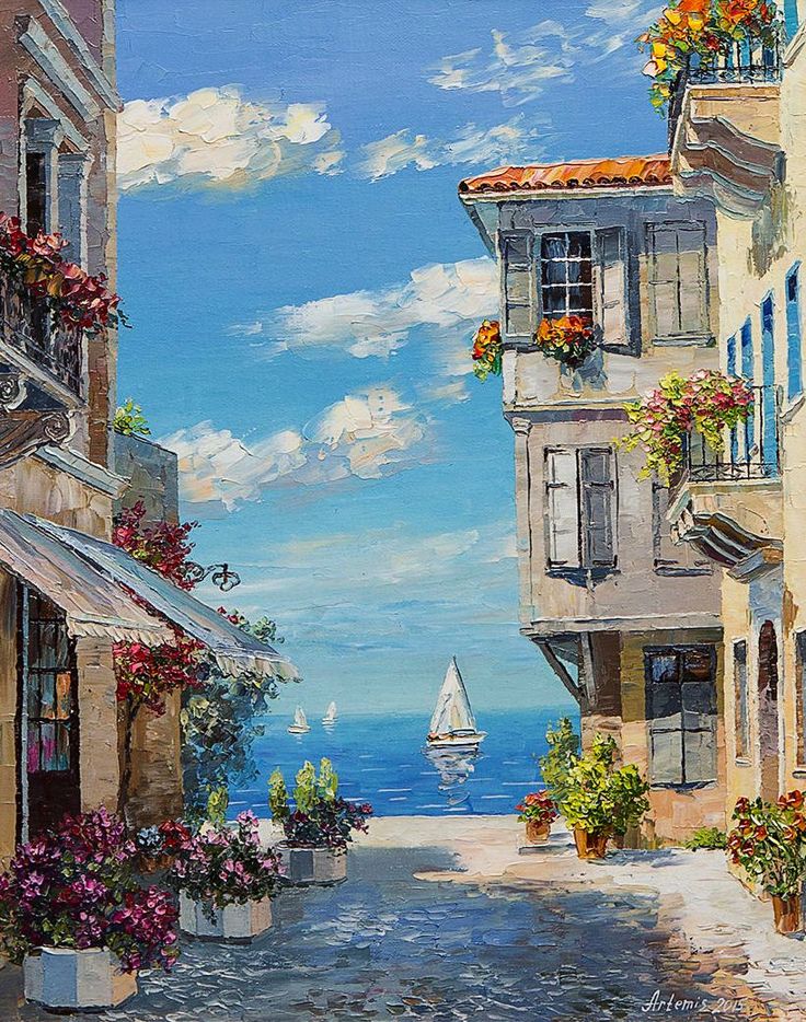 an oil painting of a street with flowers and boats on the water in front of buildings