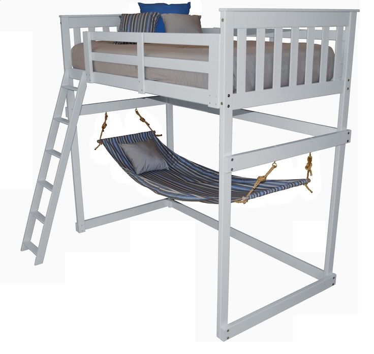 a white bunk bed with a blue hammock hanging from it's side