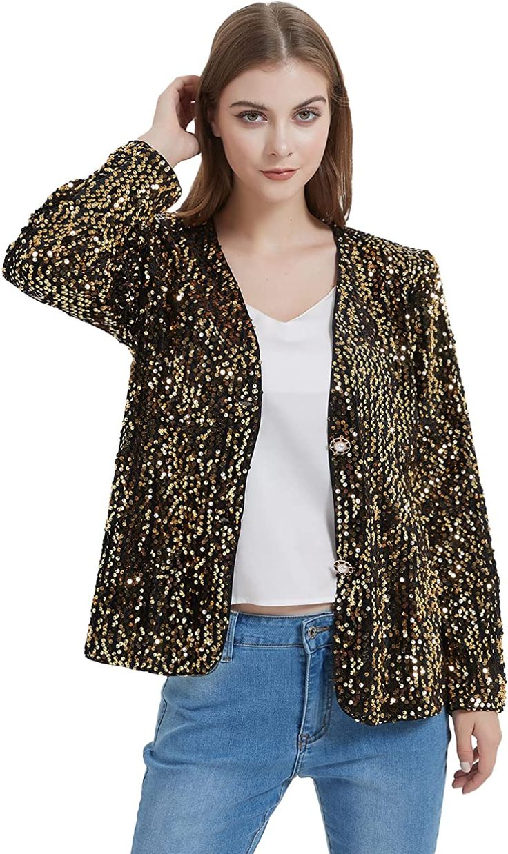 This elegant Gold Shiny Open Front Long Sleeve Women's Sequins Blazer features 100% polyester material with a luxe gold sequins finish, perfect for adding a touch of glamour to your formal or semi-formal look. The open front silhouette with long sleeves make it a timeless classic. Imported 100% Polyester Comfortable and fashionable Dry Cleaning Elegant Evening Sequin Fabric For Fall, Elegant Contrast Sequin Fabric For Holiday Party, Elegant Sequin Fabric For Holiday Party, Elegant Holiday Party Contrast Sequin Fabric, Embellished Sequin Fabric For Fall Party, Elegant Fall Party Sequin Fabric, Sequin Fabric For Night Out In Fall, Fitted Sequin Fabric For Fall, Elegant Embellished Sequin Fabric For Fall