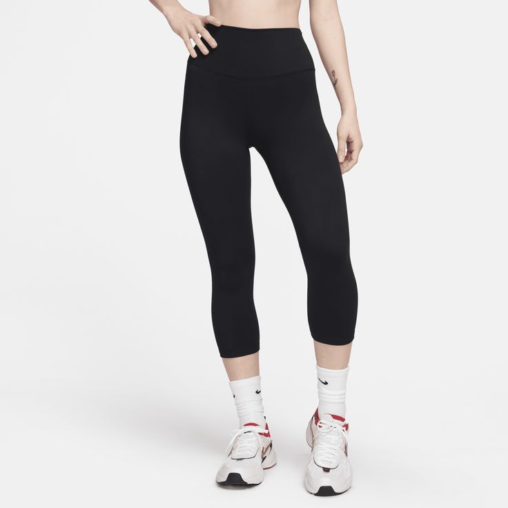 Up for a workout or down to chill, these leggings are the Ones that are ready for whatever you are. Their midweight, peachy-soft fabric stretches with your every move and dries quickly. Plus, a high waist is designed to meet your favorite cropped tops for a head-to-toe look that you can feel confident and comfortable in all day long. High Stretch Casual Tights For Pilates, Functional Nike Gym Bottoms, Casual Tight Hip-length Activewear, Nike Functional Gym Bottoms, Compressive Black Casual Tights, Casual Compression Leggings For Pilates, Casual Compressive Black Tights, Casual Compression Tights For Pilates, Black Compressive Casual Tights