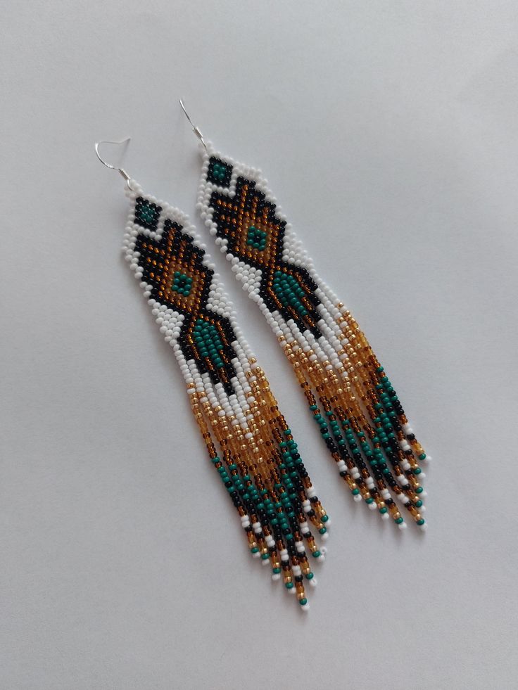 Beautiful long beaded white emerald earrings made of Czech beads. Boho earrings. Length 5.5 inch (14 cm), width 1.18 inch (3 cm ). Earrings Handmade Boho, Diy Jewlery, Emerald Bead, Beaded Earrings Patterns, Emerald Earrings, Earring Patterns, Brick Stitch, Czech Beads, Earrings Boho