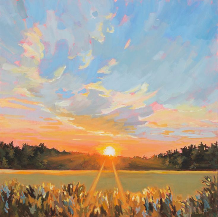 a painting of the sun setting over a field