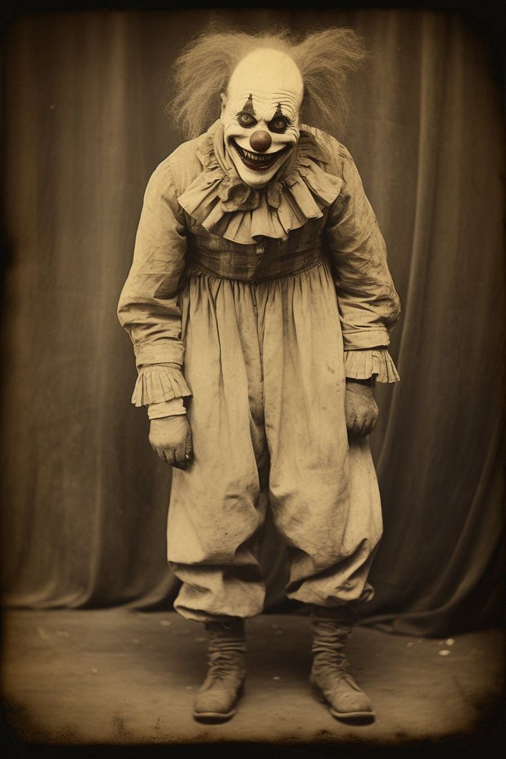 an old photo of a creepy clown standing in front of a curtain