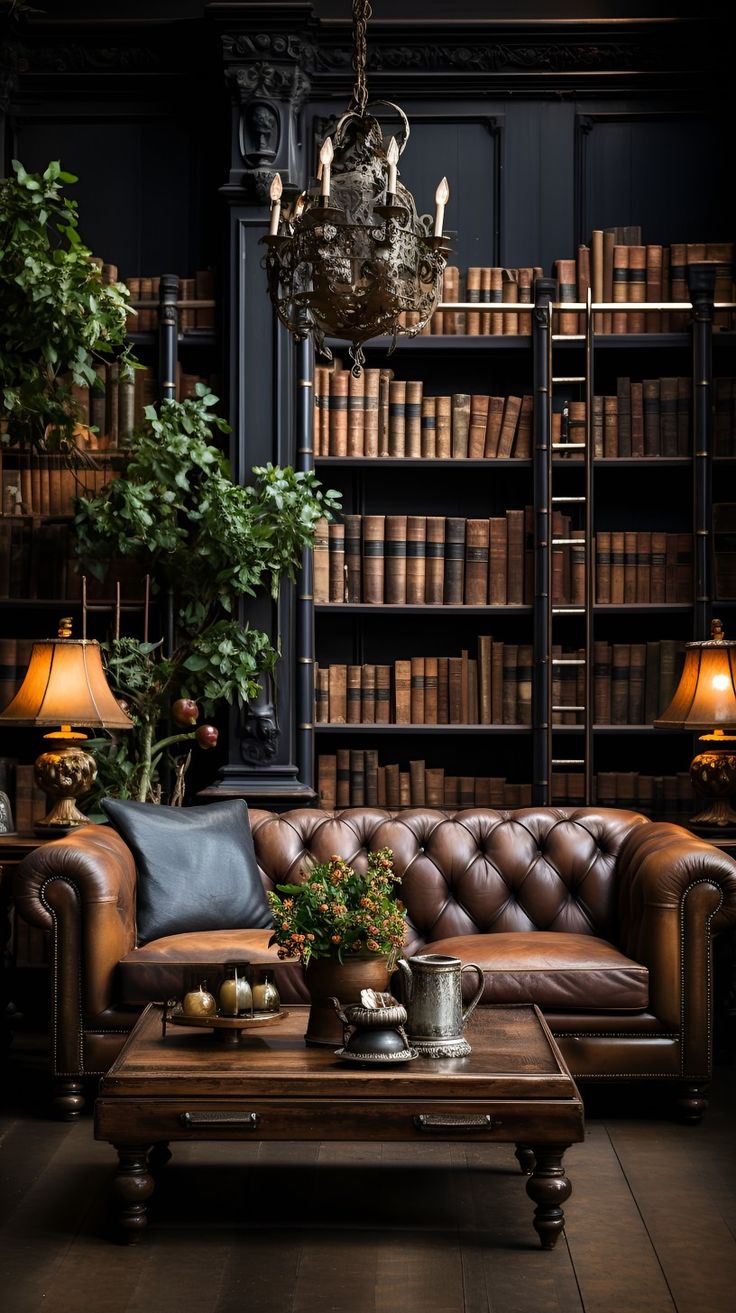 a living room filled with lots of furniture and bookshelves covered in leathers