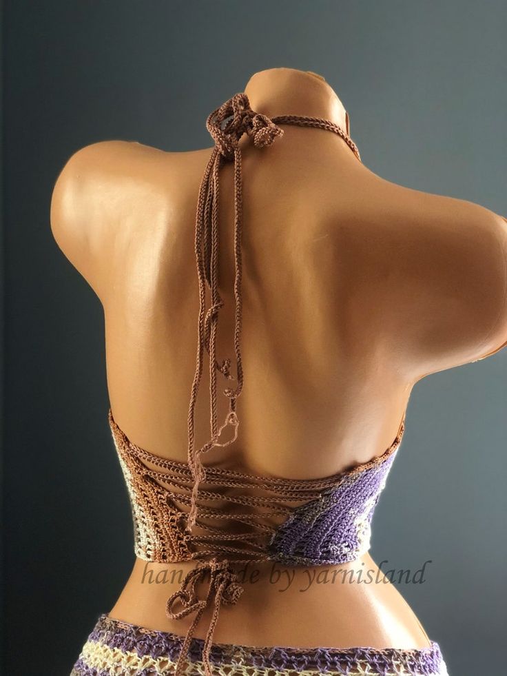 Fitted Brown Halter Top For Festivals, Handmade Fitted Crochet Top For Festival, Bohemian Crochet Fitted Swimwear, Bohemian Fitted Crochet Swimwear, Bohemian Triangle Halter Top With Stretch, Bohemian Stretch Triangle Halter Top, Brown Crochet Beach Top, Bohemian Stretch Halter Top For Party, Brown Crochet Top For Beach