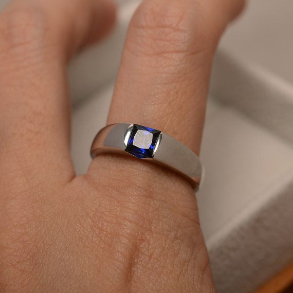 Sapphire ring princess cut ring blue sapphire engagement Rectangular Lab-created Sapphire Ring For Anniversary, White Gold Sapphire Promise Ring Square Cut, White Gold Square Cut Sapphire Promise Ring, Fine Jewelry White Gold Square Cut Sapphire Ring, White Gold Sapphire Ring With Square Cut, Square Cut Sapphire Ring In White Gold For Promise, White Gold Square Cut Sapphire Ring, Square Cut Sapphire Ring With Diamonds For Formal Occasions, Square Cut Sapphire Ring In White Gold