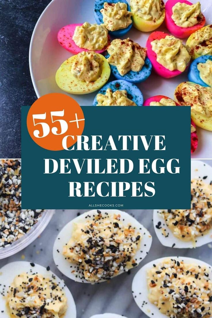 some deviled eggs with sprinkles in them and the title overlay reads 55 creative deviled egg recipes