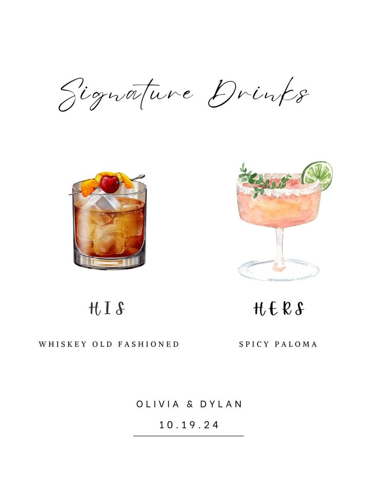 two cocktails with different drinks in them and the words signature drapes on top