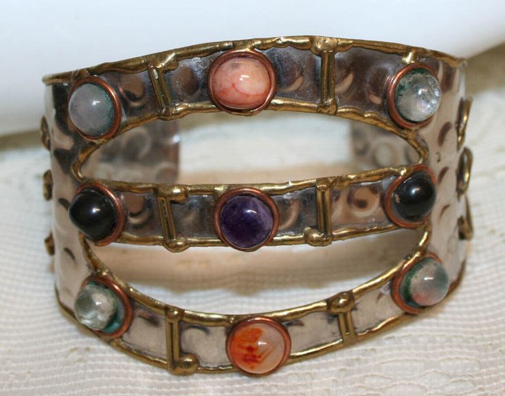 Vintage Welded Glass, Copper, Silver, & Brass Wide Cuff Bracelet. Mixed Metal Cuff Bracelets, Metal Cuff Bracelet, Wide Cuff Bracelets, Wide Cuff, Mixed Metals, Bracelets And Charms, Vintage Watches, Cuff Bracelet, Antique Jewelry