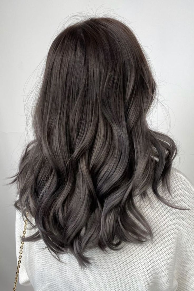 Ash Brown One Color Hair, Cool Ash Brown Balayage On Dark Hair, Ashy Brown Hair All Over Color, Level 3 Ash Brown Hair, Ashy Low Lights For Brown Hair, Dark Smokey Brown Hair Color, Ash Smokey Brown Hair, Ash Brown Balayage Cool Tone, Soft Ash Black Hair