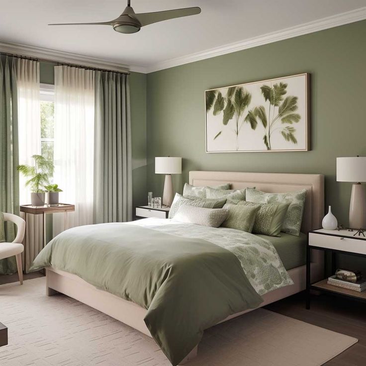 a bedroom with green walls and white furniture