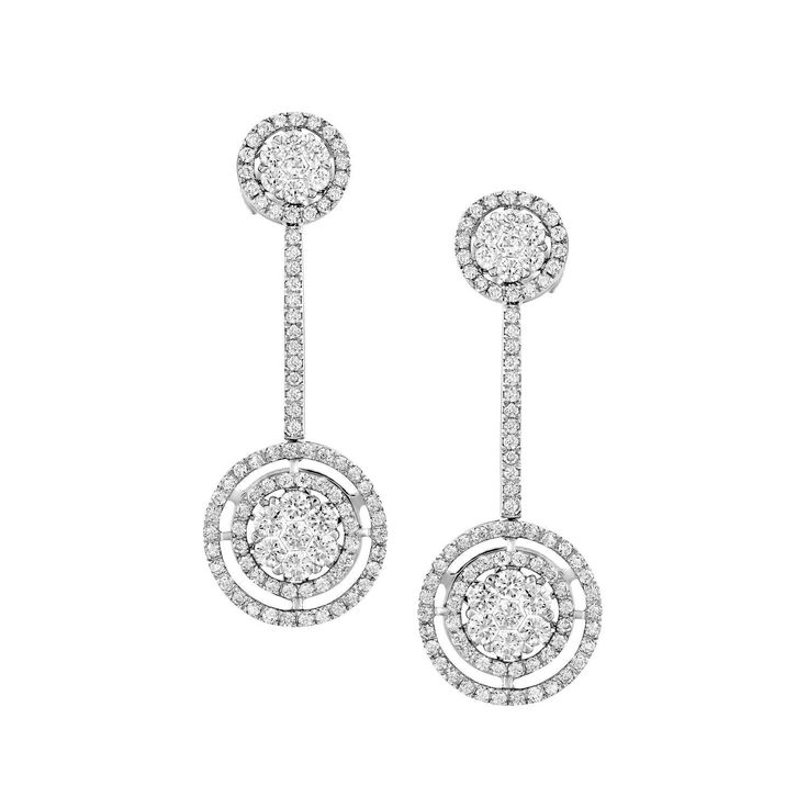 Elevate your style to new heights with the Geraldo 2.95 Carat Diamond White Gold Invisible Setting Earrings, a true masterpiece of jewelry design. These stunning earrings feature 2.95 carats of round diamonds, all set in a combination of invisible and pavé settings. The diamonds used in these earrings are of the highest quality, with a VS-VVS/F grade, and the earrings are crafted from the finest 18k white gold for a timeless and elegant look. These earrings' unique invisible setting technique cr Gia Certified Drop Diamond Earrings For Formal Occasions, Classic Halo Design Earrings For Formal Occasions, Round Halo Design Formal Earrings, Formal Round Halo Design Earrings, Classic Formal Earrings With Halo Design, Formal Round Halo Earrings, Formal Halo Design Round Earrings, Luxury Halo Design Cluster Drop Earrings, Classic Round Diamond Earrings For Evening