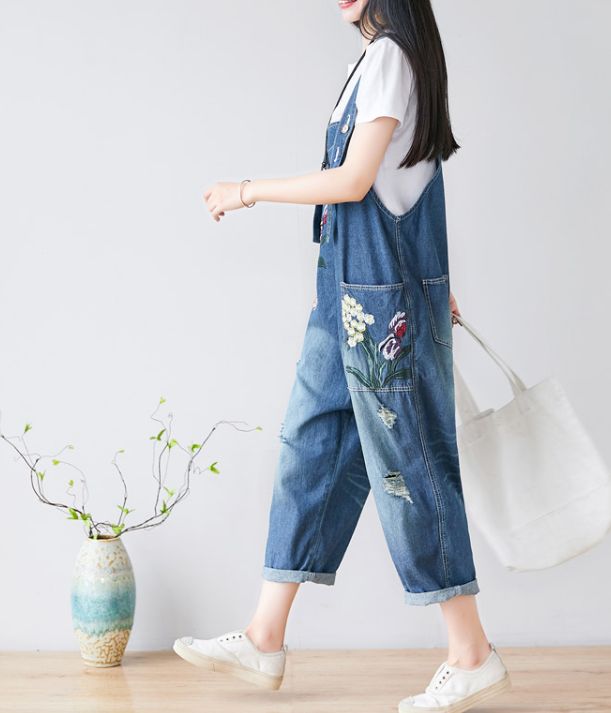 Floral Loose Denim Casual Spring Denim Overall Women Jumpsuits