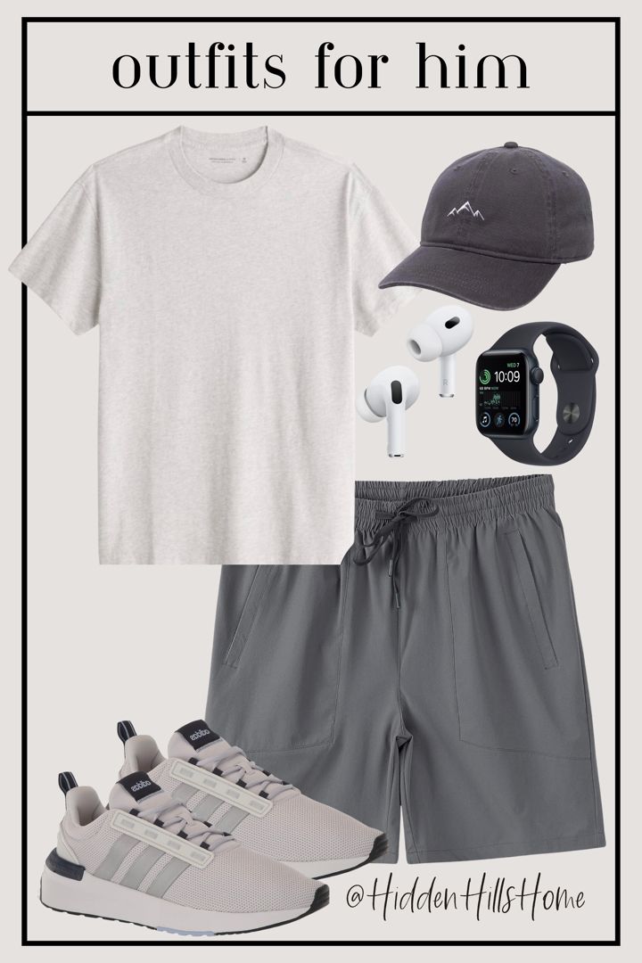 Causal mens athleisure outfit with an essential tee, athletic shorts, sneakers and a hat Running Errands Outfit Men, Men’s Gym Outfits Summer, Sports Style Outfits, Athleisure Outfits For Men, Men Sport Outfit Casual, Casual Athletic Outfits Men, Jogging Outfit Running, Mens Athleisure Outfits, Workout Outfits Men