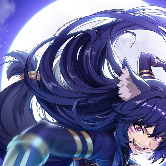 an anime character with long hair and blue eyes is posing in front of a full moon