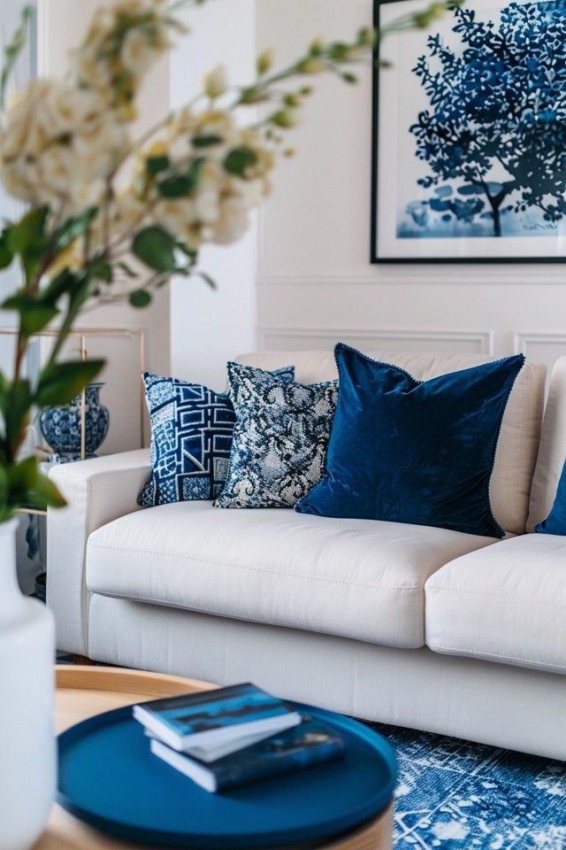 Chic Navy Blue and White Living Room Decor Tips Blue White Sofa, Blue Minimalist Living Room, Modern Navy Living Room, Navy Blue Living Room Decor, Living Room Blue And White, Navy And White Living Room, School Apartment, White Living Room Ideas, White Walls Living Room