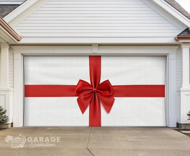 a garage door with a large red bow on it