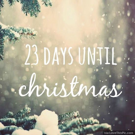 the words, 25 days until christmas are displayed in front of snow covered pine trees