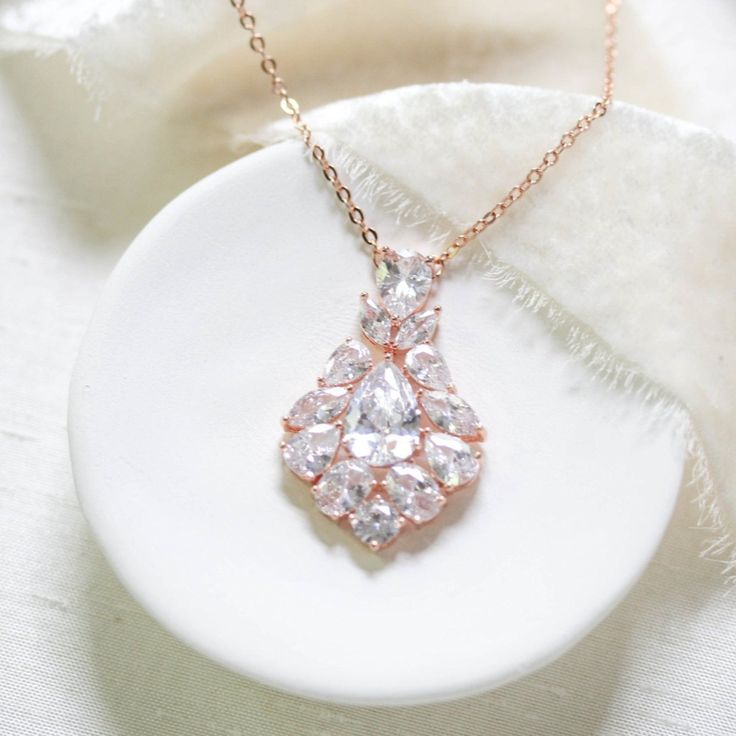 Rose gold cubic zirconia Bridal pendant necklace - KATERI Bridal Pendant Necklace, Rose Gold Wedding Jewelry, Bridal Pendant, Gold Bridal Necklace, Crystal Wedding Jewelry, Backdrops Necklace, Wedding Necklaces, Gold Wedding Jewelry, Rose Gold Bridal