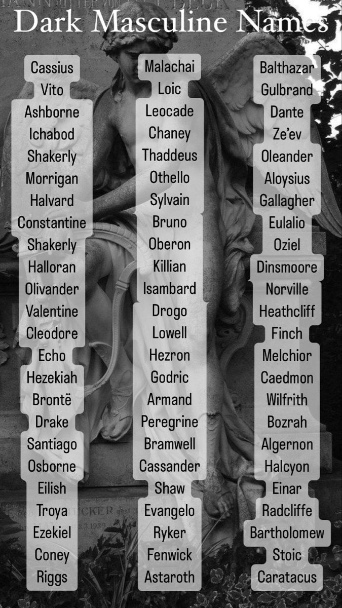 Dark masculine names. Character names. Gothic character names. Names That Mean Darkness Male, Scary Names For Characters, Bad Boy Names For Characters, Emo Names For Boys, Male Victorian Names, Dark Male Character Names, Masculine Male Names, Best Character Names Male, Male Witch Names