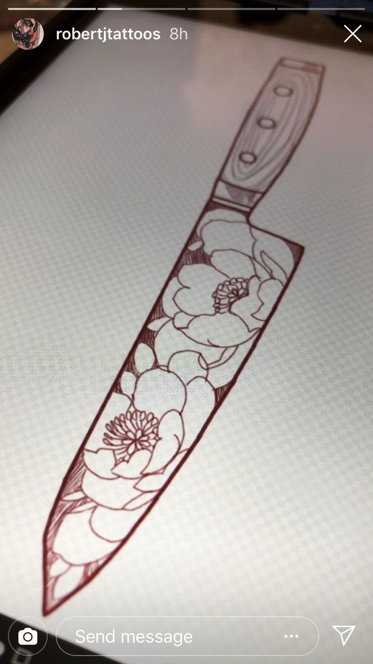 a drawing of a knife with flowers on it