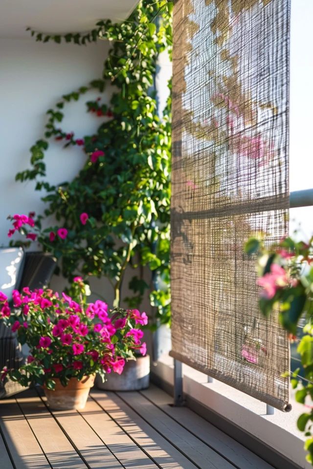 some pink flowers are sitting on a wooden deck next to a window with sheer curtains