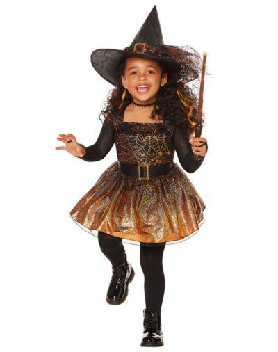 Turn your toddler into a mischievous little witch this Halloween with this stylish Mischief Witch Costume. Featuring an orange and black dress with spider web details, a matching witch hat, and a light up wand accessory, everyone at the costume party will see your child has a keen eye for spellcasting in this witchy outfit. Includes: Dress Hat Wand Pullover style Material: Polyester Care: Spot clean Imported Note: Shoes sold separately Toddler Witch Costume, Toddler Witch Costumes, Kids Witch Costume, Witch Costume Diy, Witch Costumes, Witch Diy, Diy Toddler, Toddler Halloween Costumes, Costume Patterns